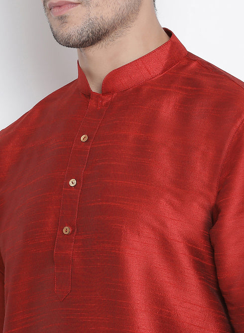 Vastramay Vastramay Men's Maroon Silk Blend Curved Kurta Dhoti Set